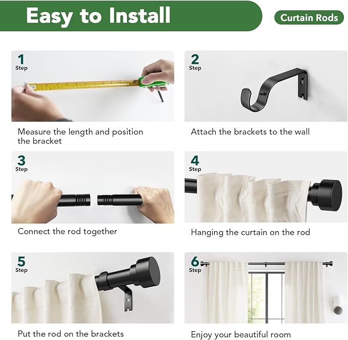 Time Forest Black Curtain Rods for Windows 32 to 150 Inch, 1 Inch Diameter - Image 9