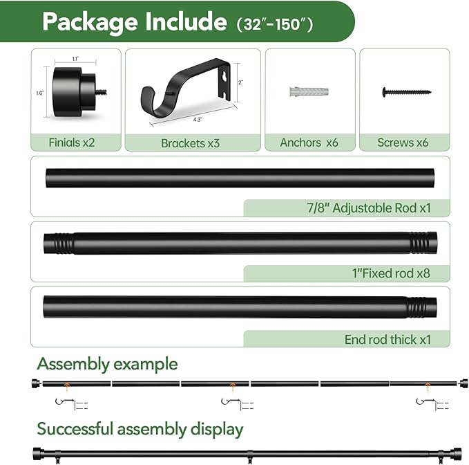 Time Forest Black Curtain Rods for Windows 32 to 150 Inch, 1 Inch Diameter - Image 6