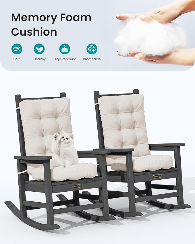SERWALL HDPE Outdoor Rocking Chair Cushion Set of 2 Memory Foam Cushion Beige - Image 4