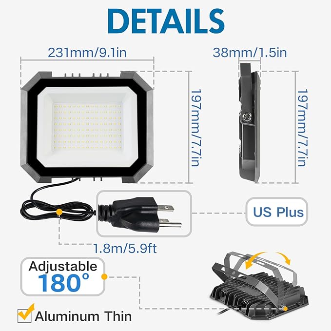 2 Pack LED Flood Lights Outdoor, 100W 10000LM Super Bright Floodlight Outside - Image 4