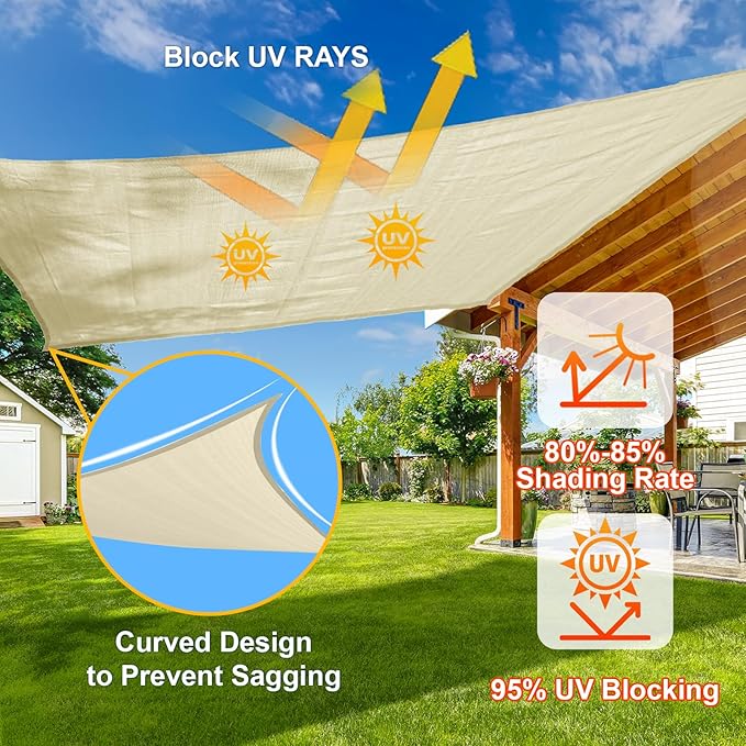 SUNLAX Sun Shade Sail 15' x 15' x 15' Butter Cream Rectangle Canopy Sail Shade - Image 4