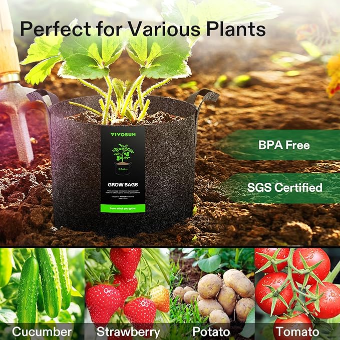 VIVOSUN 5-Pack 5 Gallon Grow Bags Heavy Duty 300G Thickened Nonwoven Plant - Image 7