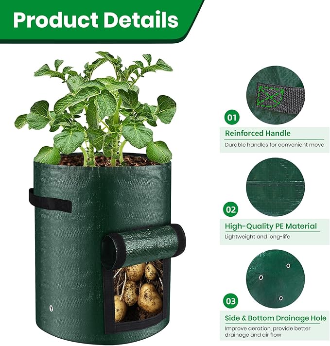 10 Gallon 3-Pack Potato Grow Bags, Heavy Duty PE Fabric Pots - Image 4