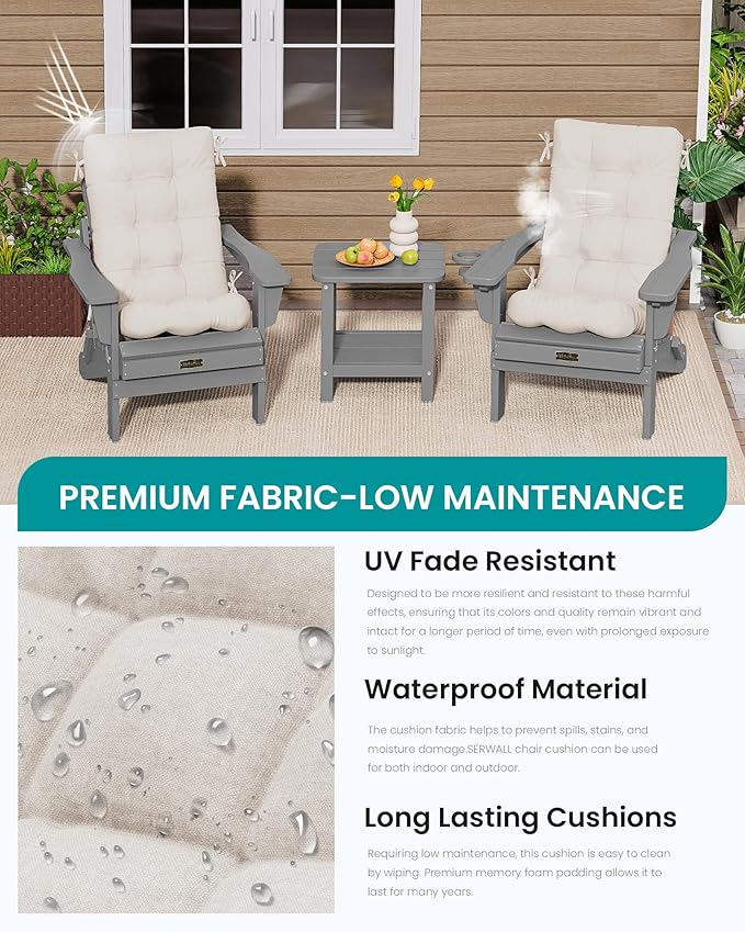 SERWALL HDPE Outdoor Rocking Chair Cushion Set of 2 Memory Foam Cushion Beige - Image 5