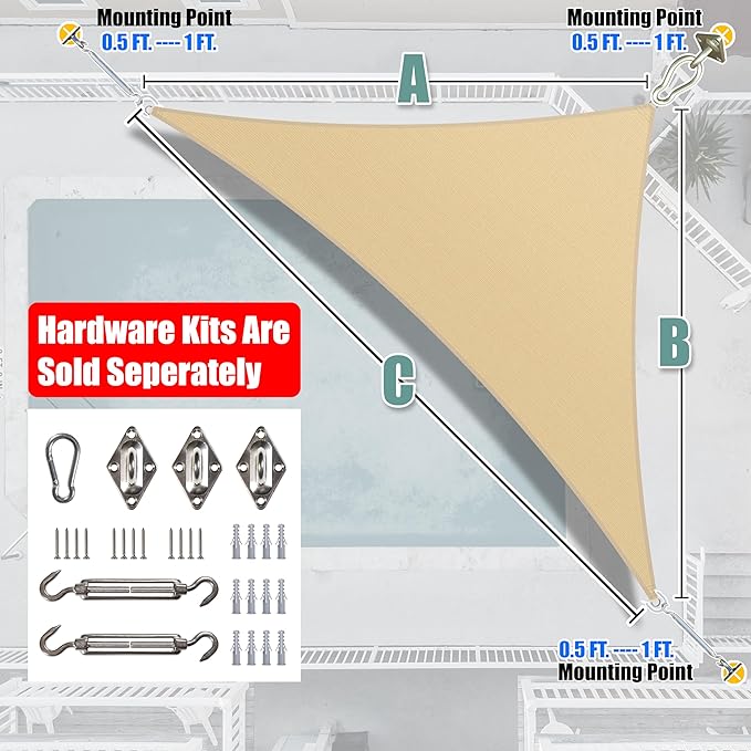 Amgo Custom Size 11' x 20' x 22.8' Beige Right Triangle Sun Shade Sail Order to - Image 7
