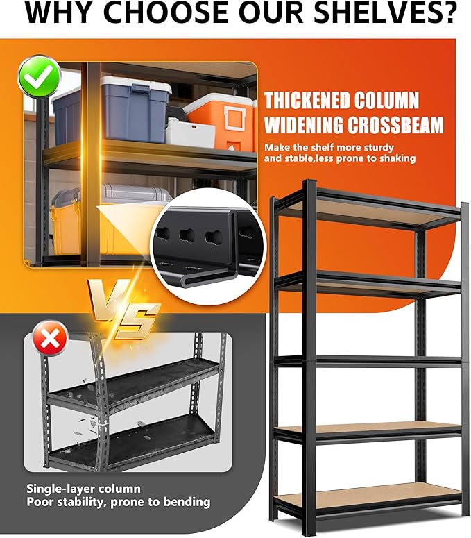AOARGG Set of 2 Garage Shelving Heavy Duty Storage Shelves, Metal Adjustable - Image 5
