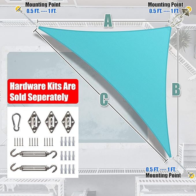 Amgo Custom Size 15' x 22' x 26.6' Turquoise Triangle Sun Shade Sail UPF50+ - Image 8