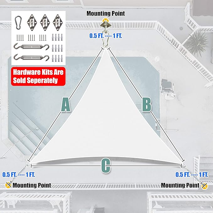 Amgo Custom Size 22' x 22' x 22' White Triangle Sun Shade Sail UPF50+ AGTAPRT12 - Image 8