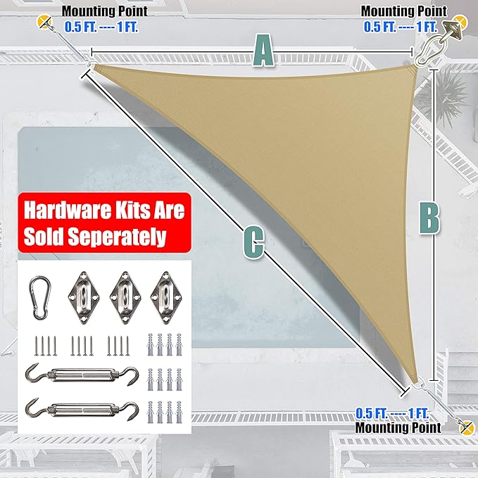 Amgo Custom Size 9' x 16' x 18.4' Sand Beige Right Triangle Sun Shade Sail - Image 7