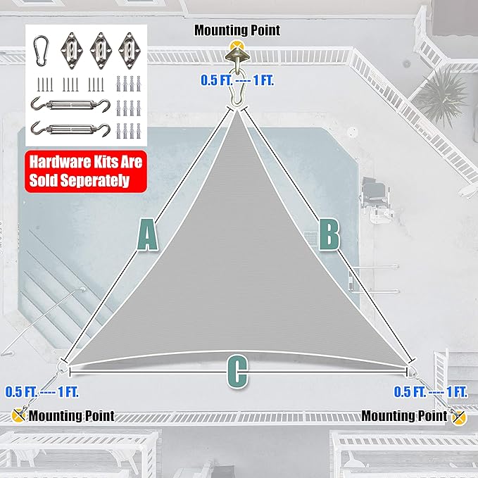 Amgo Custom Size 10' x 10' x 10' Gray Triangle Sun Shade Sail UPF50+ AGTAPRT12 - Image 8