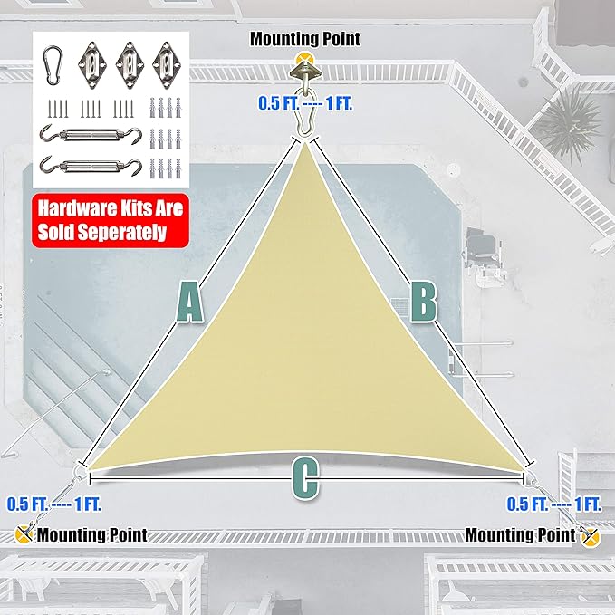 Amgo Custom Size 11' x 11' x 11' Sand Beige Triangle Sun Shade Sail UPF50+ - Image 8